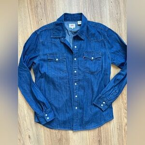 Levis Western Denim Shirt Men L Blue Pearl Snap Button Up Long Sleeve All Cotton